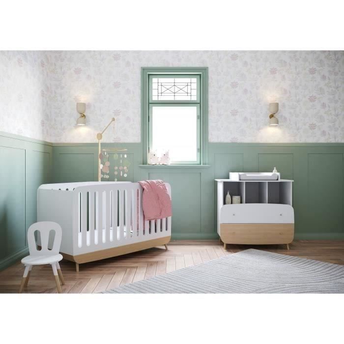 Ens. lit bébé 70 x 140 Kit évolutif, commode 2 tiroirs, 3 niches et 1 plan a langer - FIRMIANA - Scandinave - Blanc/bois - DEMEYERE