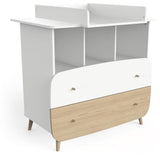 Ens. lit bÈbÈ 70 x 140 Kit Èvolutif, commode 2 tiroirs, 3 niches et 1 plan a langer - FIRMIANA - Scandinave - Blanc/bois - DEMEYERE