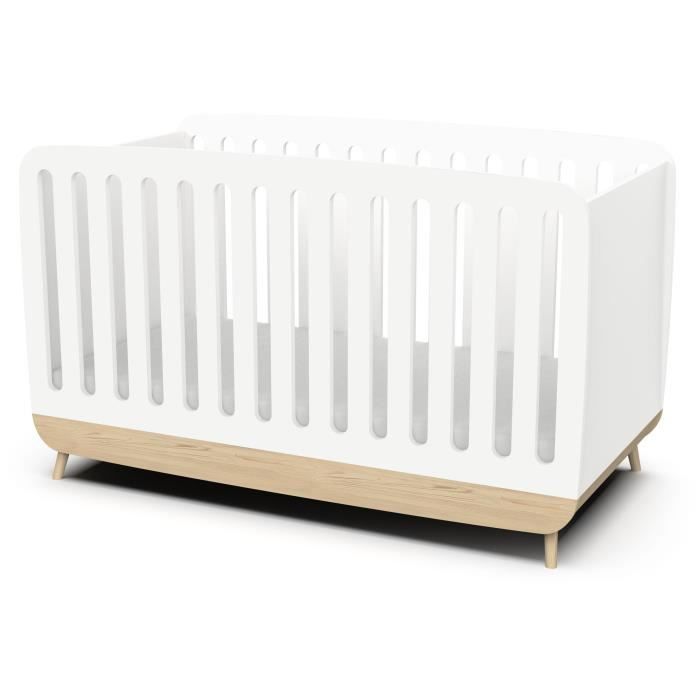 Ens. lit bÈbÈ 70 x 140 Kit Èvolutif, commode 2 tiroirs, 3 niches et 1 plan a langer, 1 armoire- FIRMIANA - Blanc & bois - DEMEYERE