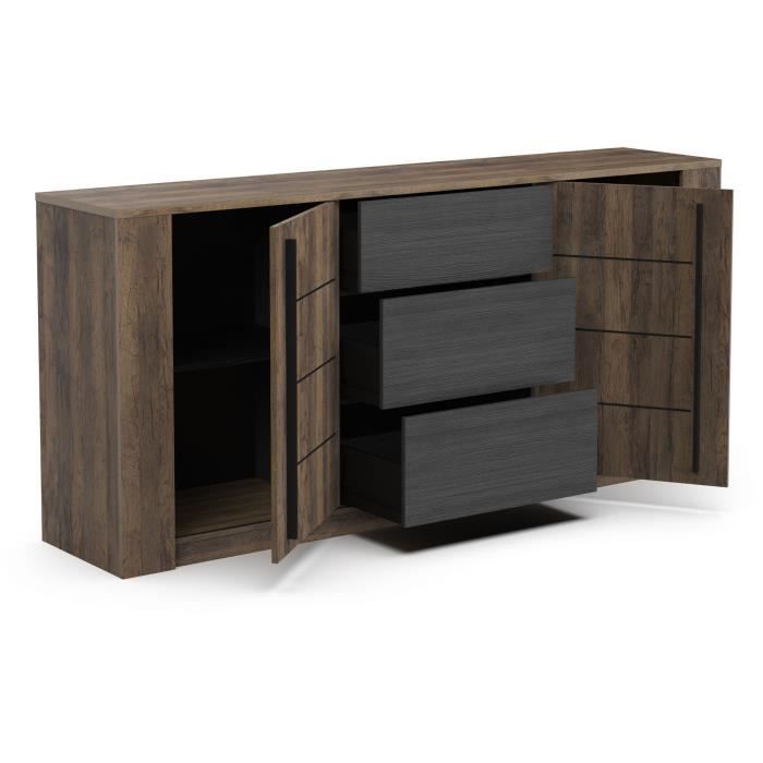 Enfilade MONACO - Décor chene et noir - 2 Portes + 3 Tiroirs - L206 x P44,9 x H94 cm - CBA MEUBLES