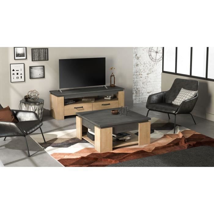 Meuble TV AUSTIN - Taille Ècran max 55' (140 cm) - DÈcor chene Hamilton et Sidewalk - L 140 x P 42 x H 47 cm - DEMEYERE