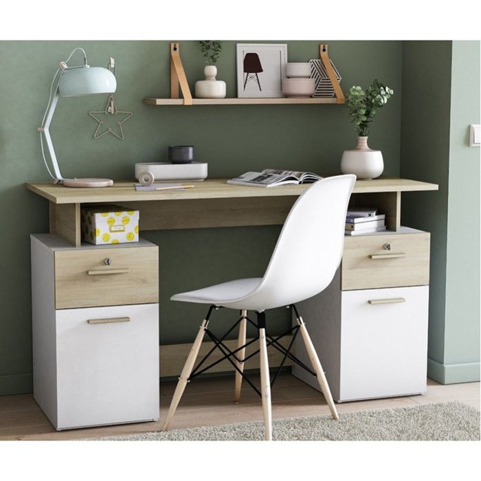 Bureau avec rangements - PLATON - Chene / blanc mat - L134,8 x P55 x H76,4 cm - DEMEYRE