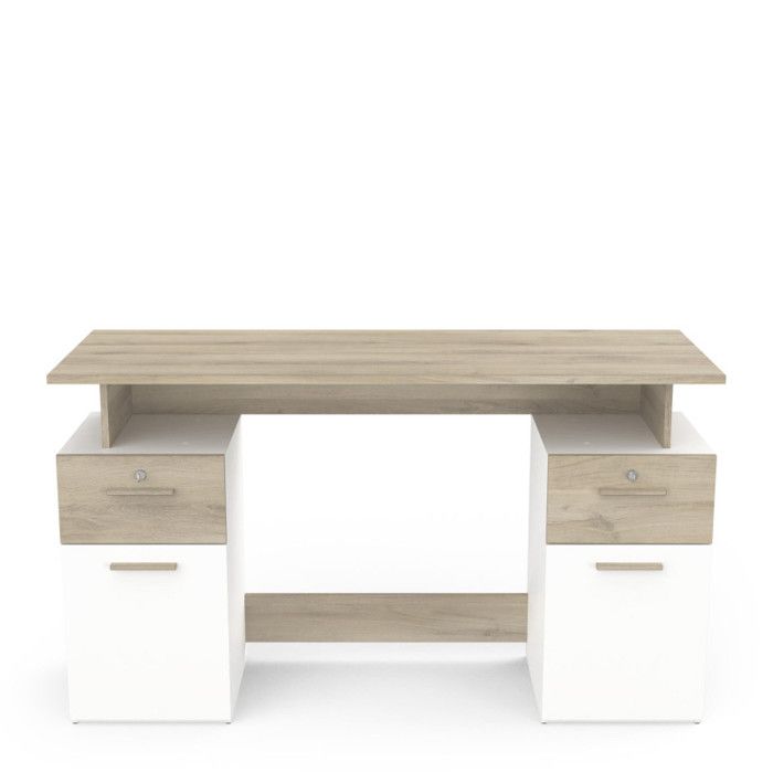 Bureau avec rangements - PLATON - Chene / blanc mat - L134,8 x P55 x H76,4 cm - DEMEYRE