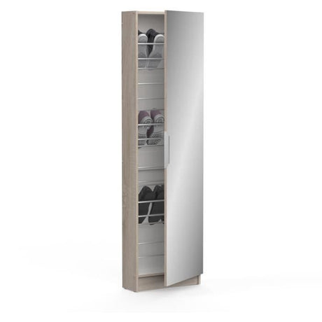 Armoire a chaussures - 12 Paires - Décor Chene - 1 porte avec miroir - L50 x P20x H180 cm - DEMEYERE