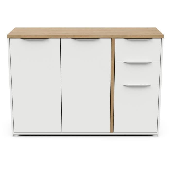 Enfilade ACCESS - 3 portes + 2 tiroirs - Décor chene Hamilton et Blanc  - L 121,5 x P 39,6 x H 85,6 cm - DEMEYERE