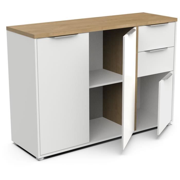 Enfilade ACCESS - 3 portes + 2 tiroirs - Décor chene Hamilton et Blanc  - L 121,5 x P 39,6 x H 85,6 cm - DEMEYERE