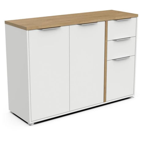 Enfilade ACCESS - 3 portes + 2 tiroirs - Décor chene Hamilton et Blanc  - L 121,5 x P 39,6 x H 85,6 cm - DEMEYERE