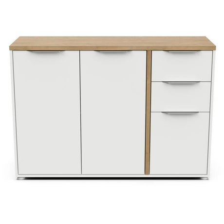 Enfilade ACCESS - 3 portes + 2 tiroirs - Décor chene Hamilton et Blanc  - L 121,5 x P 39,6 x H 85,6 cm - DEMEYERE