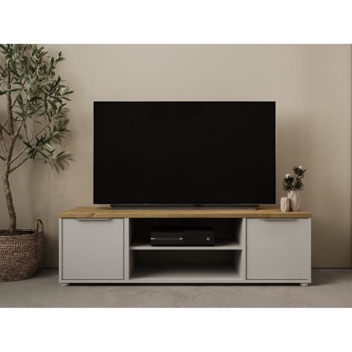 Meuble TV ACCESS - 2 Portes + 1 Niche - Décor chene Hamilton et blanc - L 134,8 x P 39,6 x H 39,1 cm - DEMEYERE