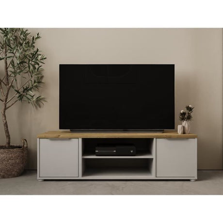 Meuble TV ACCESS - 2 Portes + 1 Niche - Décor chene Hamilton et blanc - L 134,8 x P 39,6 x H 39,1 cm - DEMEYERE