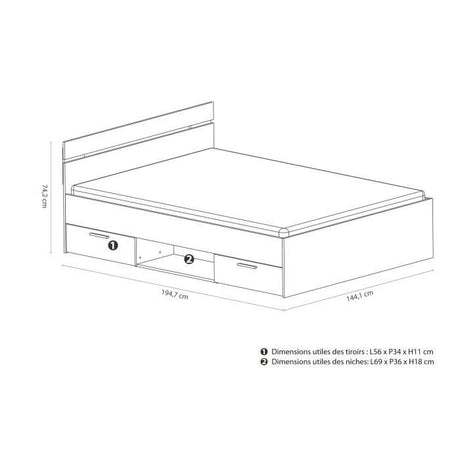 Demeyere Lit adulte MICHIGAN - 140 x 190 cm - Multiples rangements - Blanc
