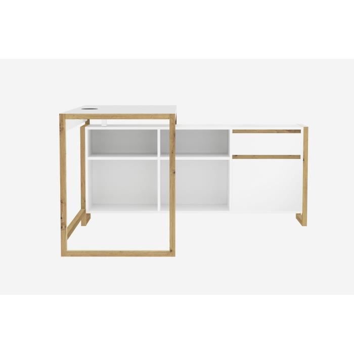 Bureau d'angle réversible Denver - Panneaux de particules - Coloris chene et blanc - 139 x 75 x 139 cm