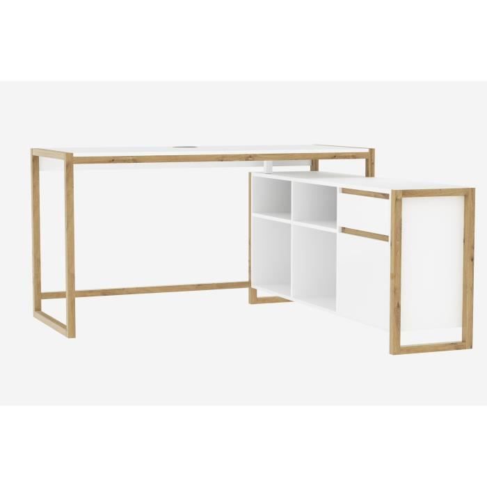 Bureau d'angle réversible Denver - Panneaux de particules - Coloris chene et blanc - 139 x 75 x 139 cm