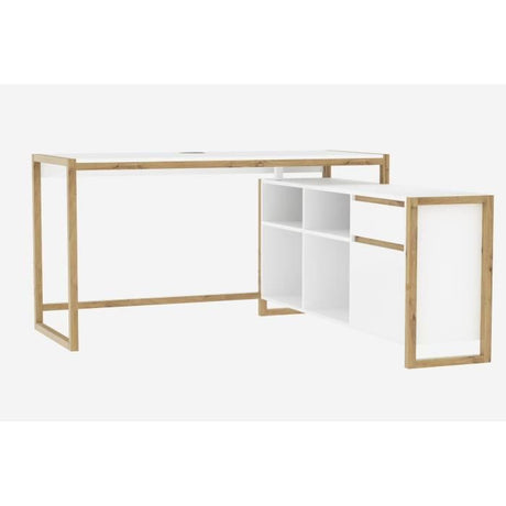 Bureau d'angle réversible Denver - Panneaux de particules - Coloris chene et blanc - 139 x 75 x 139 cm