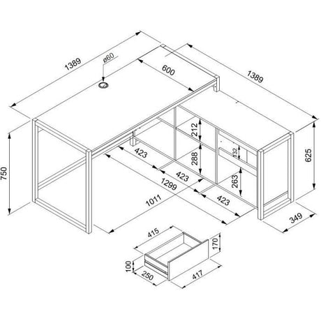 Bureau d'angle réversible Denver - Panneaux de particules - Coloris chene et blanc - 139 x 75 x 139 cm