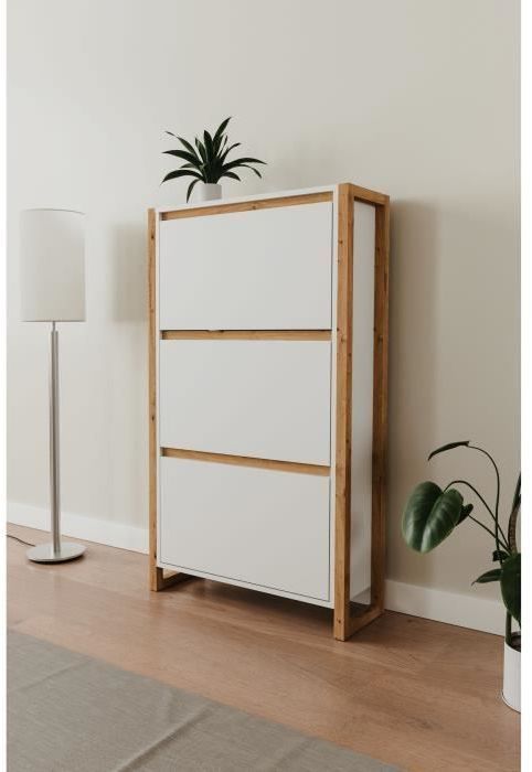 Meuble a chaussures - Blanc et chene - 12 paires - L70 x P25 x H125 cm - DENVER