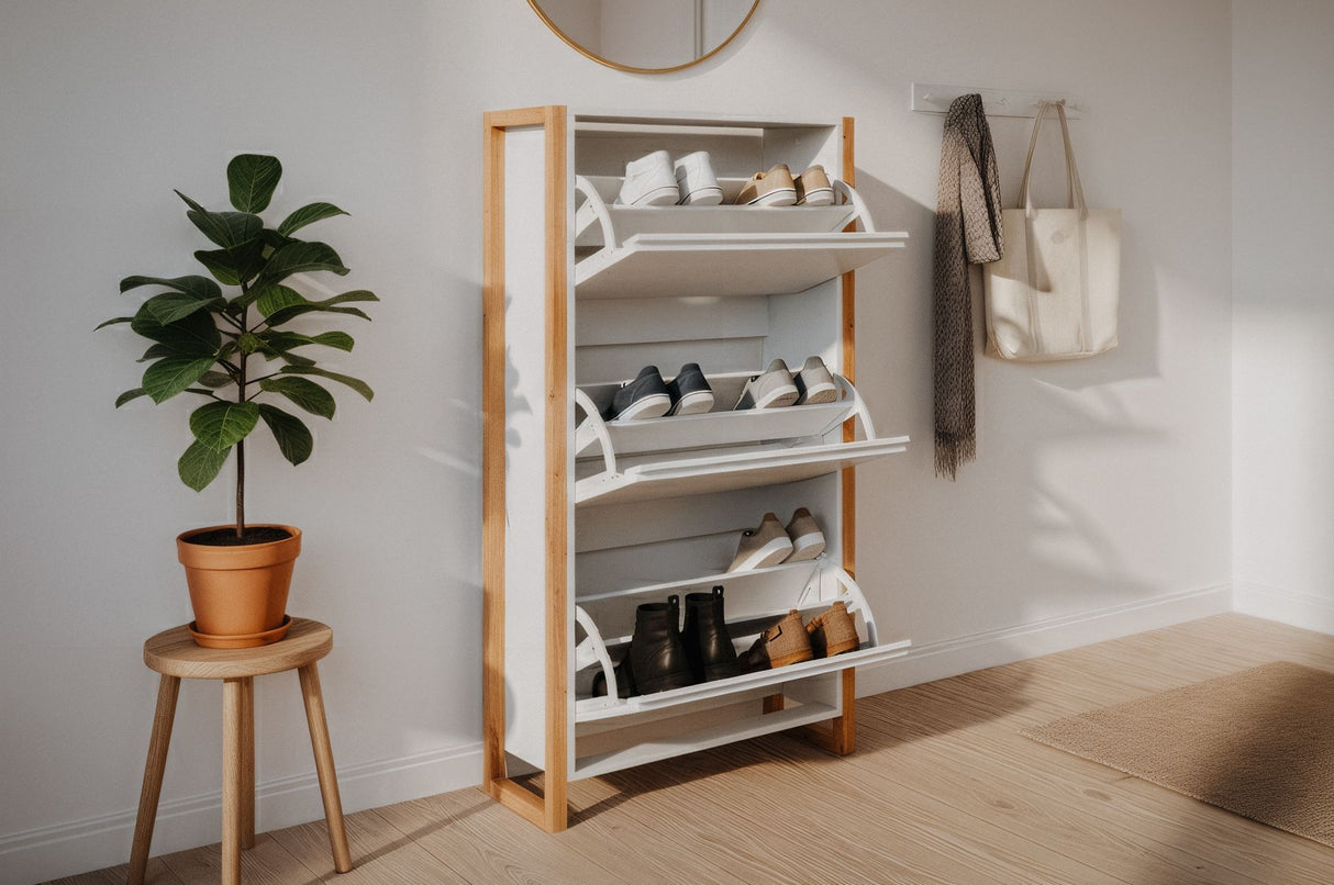 Meuble a chaussures - Blanc et chene - 12 paires - L70 x P25 x H125 cm - DENVER