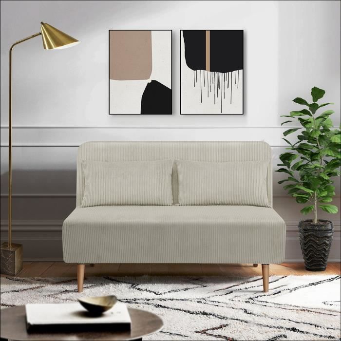 Banquette BZ - 2 places - Tissu velours côtelé Beige - 130 x 90 x 81 cm - DEPLO