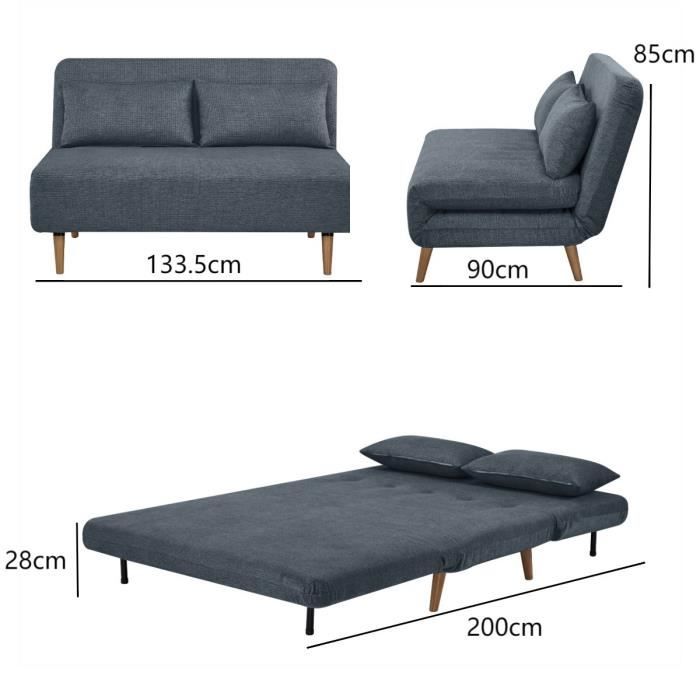 Banquette BZ - 2 places - Tissu Bleu - 130 x 90 x 81 cm - DEPLO