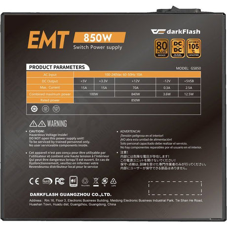 DARKFLASH EMT - Alimentation PC non modulaire - 850 W - 80Plus Bronze