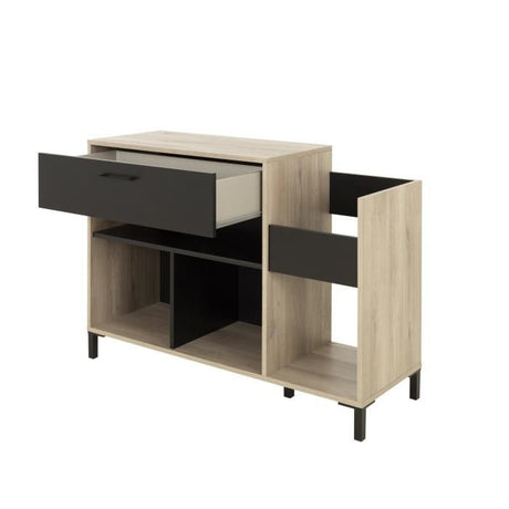 Meuble rangement vinyle - GAMI - Platine - Style urbain - Décor chene - Noir - L 115 x P 40 x H 81 cm