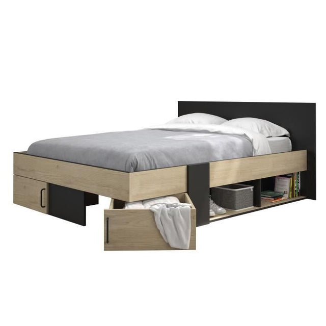 DIAGONE Lit adulte avec tiroirs de rangement  - Chataignier et noir - 140 x 190 - SWIVEL