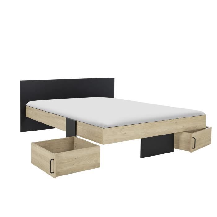 DIAGONE Lit adulte avec tiroirs de rangement  - Chataignier et noir - 160 x 200 - SWIVEL