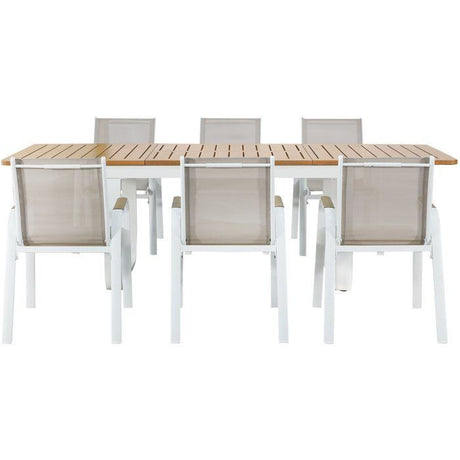 Ensemble repas de jardin - VIANEA - Table extensible 155/245x100x74 cm + 6 fauteuils - Aluminium - Blanc et naturel - 6 personnes