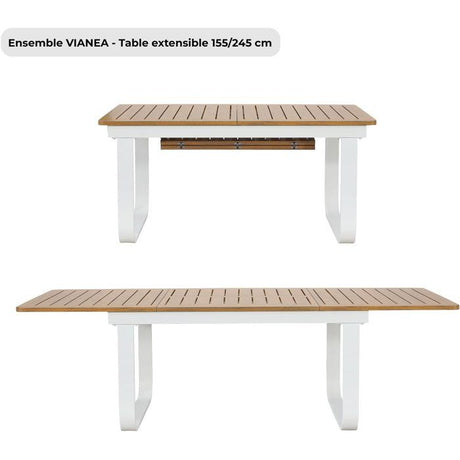 Ensemble repas de jardin - VIANEA - Table extensible 155/245x100x74 cm + 6 fauteuils - Aluminium - Blanc et naturel - 6 personnes