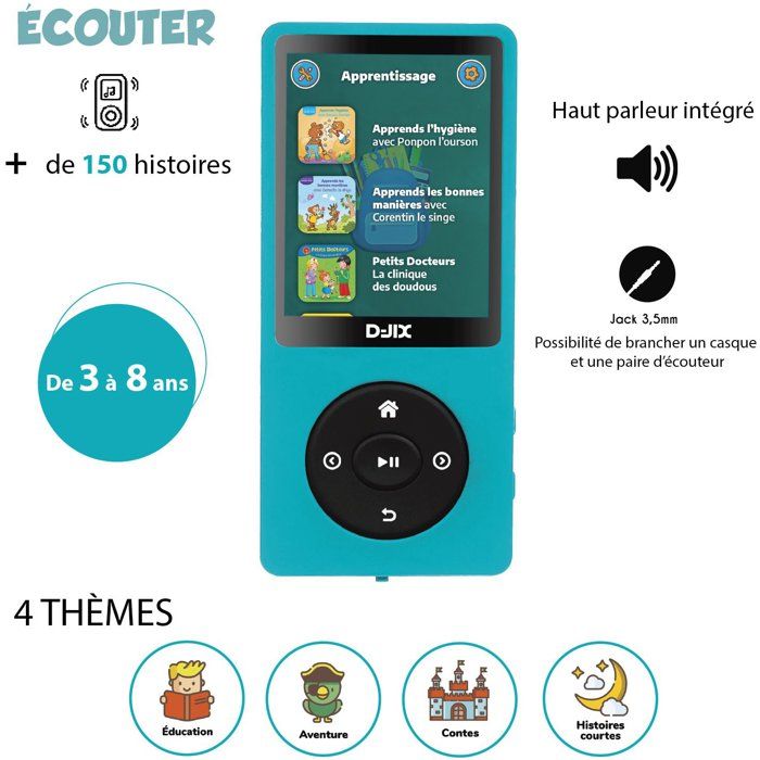 Baladeur a histoire - D-JIX- M-STORYKIDS - 2,4 -  + de 150 histoires intégrées - Autonomie 25h - Bluetooth - 4GB - 300 mAh - USB-C