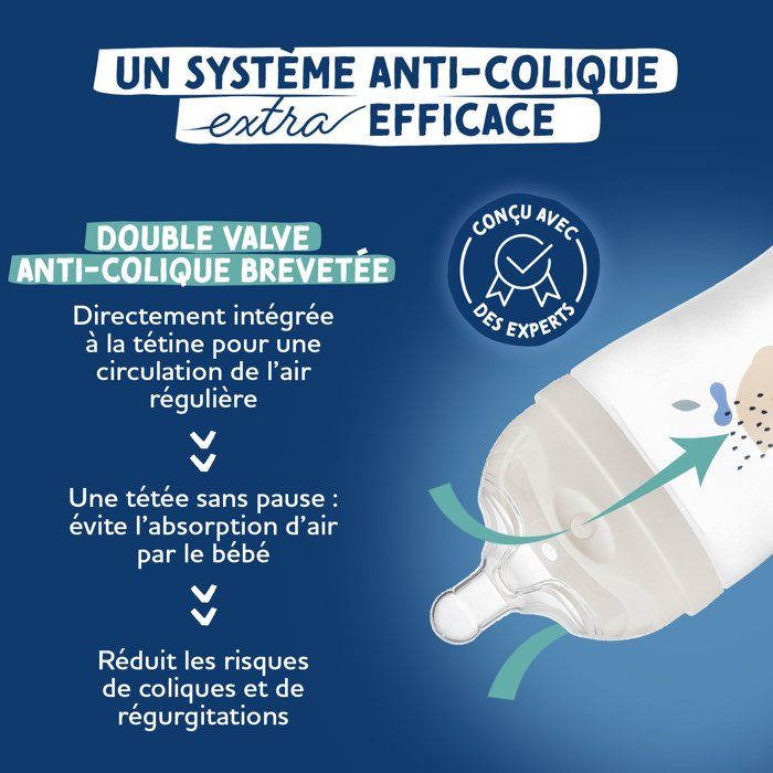 Biberon anti-colique - DODIE - 150 ml - Tétine multi-perforée biomimétisme - +0 mois - Débit 1 - Bleu