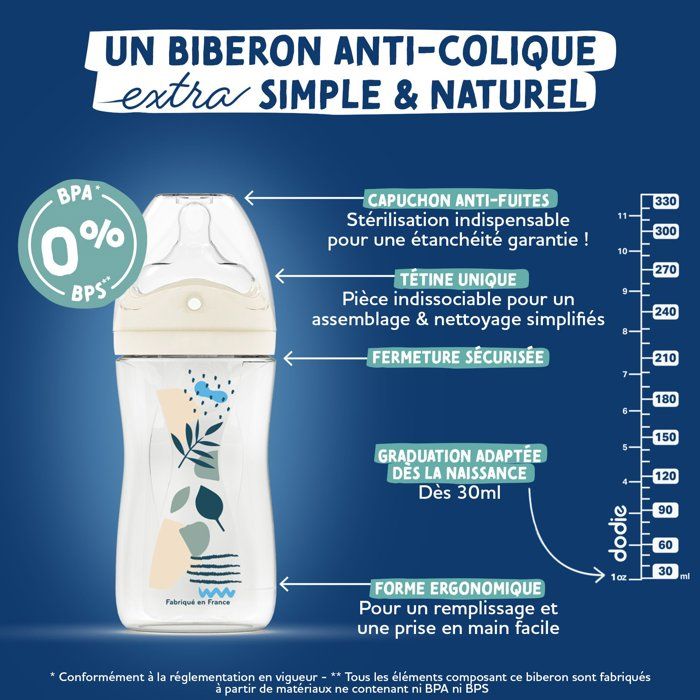 Biberon anti-colique - DODIE - 150 ml - Tétine multi-perforée biomimétisme - +0 mois - Débit 1 - Bleu