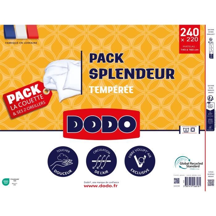 Pack couette 220 x 240 cm + 2 oreillers 60 x 60 cm - Splendeur - Garnissage 100% Polyester FCS 300 g/m² - Blanc - DODO