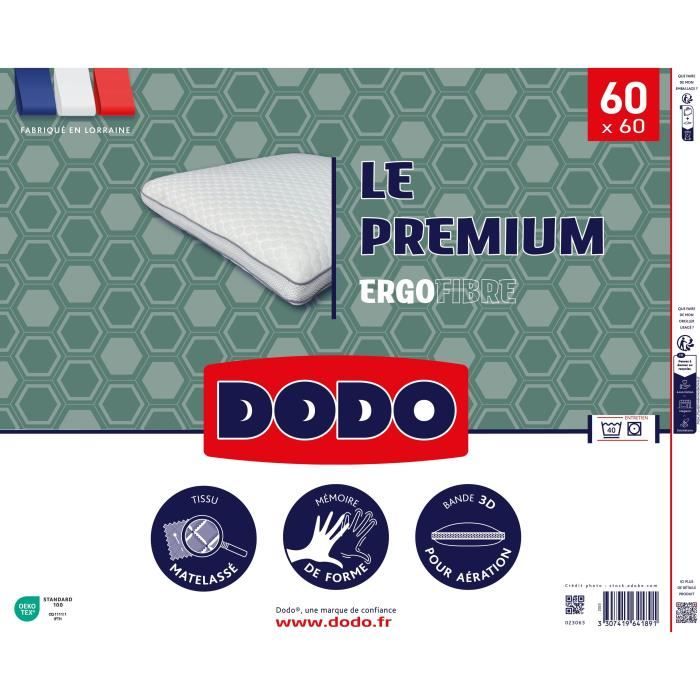 Oreiller - Le Premium - DODO - 60 x 60 cm - Mémoire de forme - Taie déhoussable - Blanc