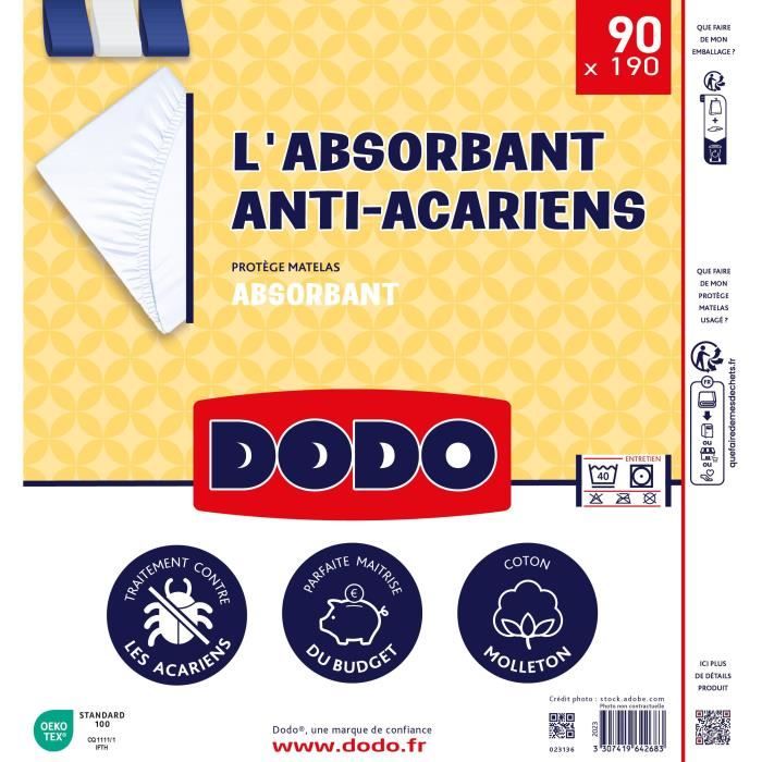 Protege Matelas Absorbant - DODO - 90 x 190 cm - Coton - Anti-acariens