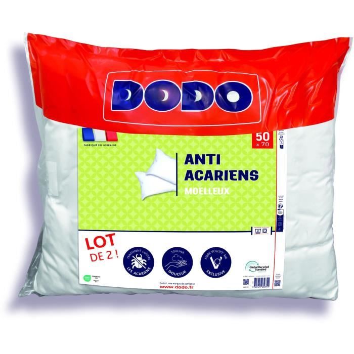 Lot de 2 oreillers anti-acariens 50x70 cm - 100% Polyester - DODO