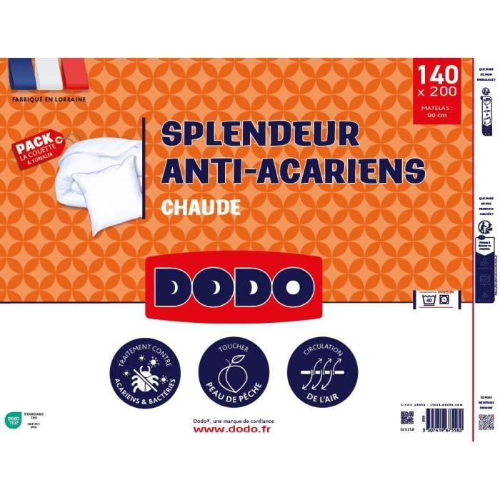 DODO Pack Couette chaude anti-acariens 140x200 cm + 1 oreiller 60x60 cm - Splendeur - Garnissage 100% volupt'air  350gr/m² - Blanc