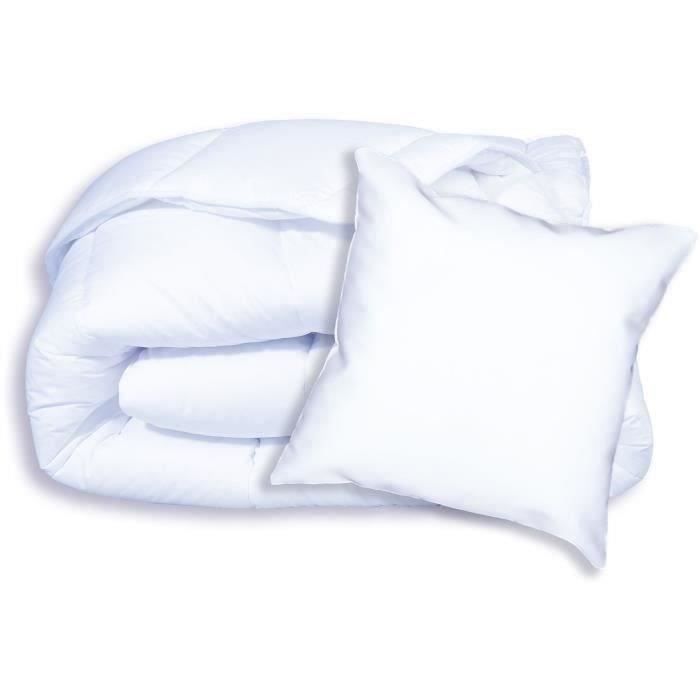 DODO Pack Couette chaude anti-acariens 140x200 cm + 1 oreiller 60x60 cm - Splendeur - Garnissage 100% volupt'air  350gr/m² - Blanc