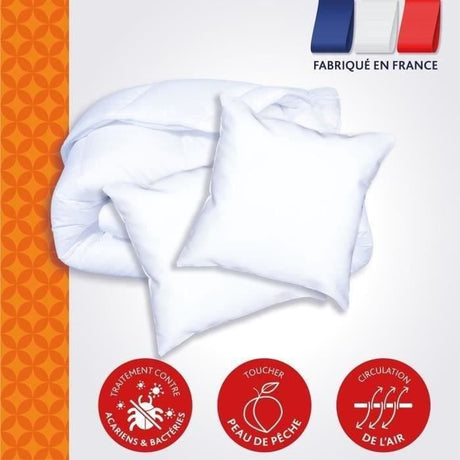 DODO Pack Couette chaude anti-acariens 220x240 cm + 2 oreillers 60x60 cm - Splendeur - Garnissage 100% volupt'air  350gr/m˛ - Blanc