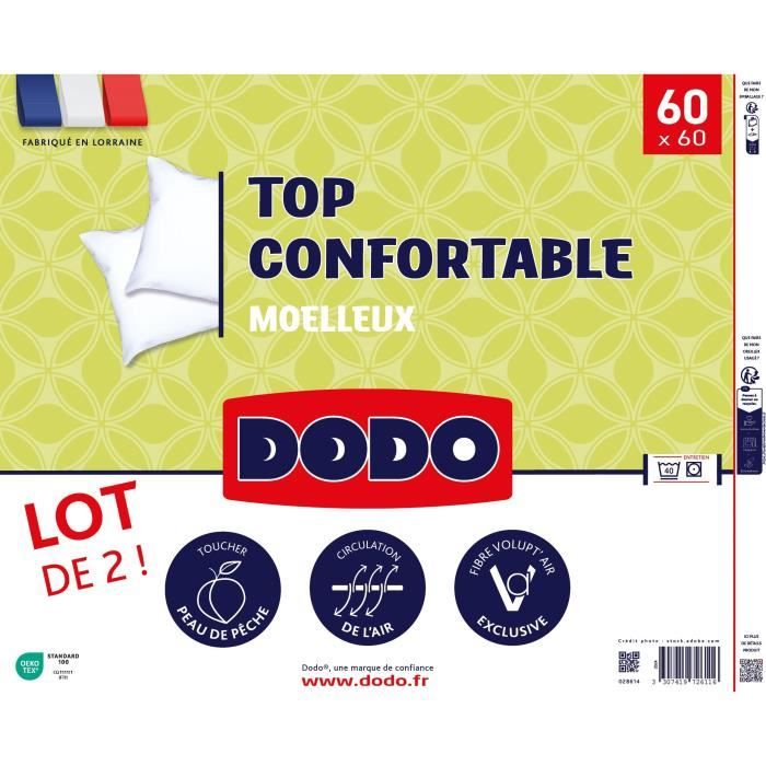 DODO - Lot de 2 Oreillers - Confortable - 60 x 60 cm - 100% Polyester VOLUPT'AIR - Blanc