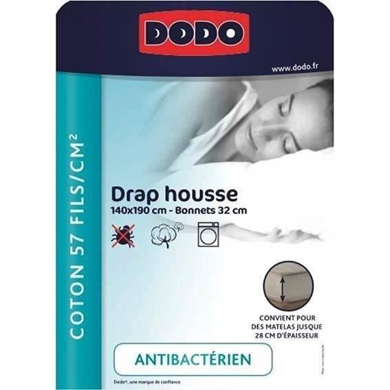 Drap Housse Coton DODO - Antibactérien - 140 x 190 cm - Blanc