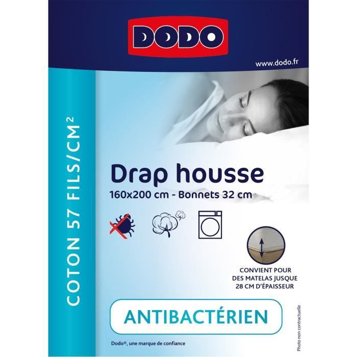 Drap housse DODO - 160x200 cm - Coton - Coutil 32 cm - Blanc