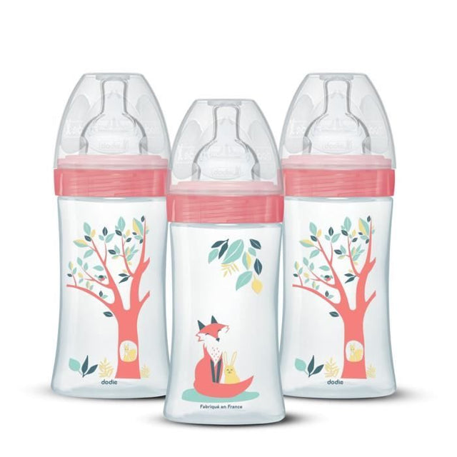 Lot de 3 biberons - DODIE - EB20 - 270 ml - Tétine plate - Rose
