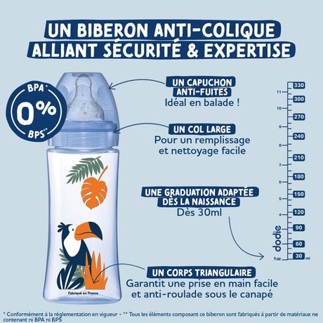 Biberon anti-colique - DODIE - 270 ml - Tétine ronde - 0-6 mois - 3 vitesses - Débit 2 - Vert