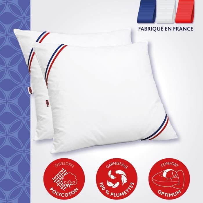 Lot de 2 Oreillers DODO - Méribel Plumettes -  60 x 60 cm - Blanc
