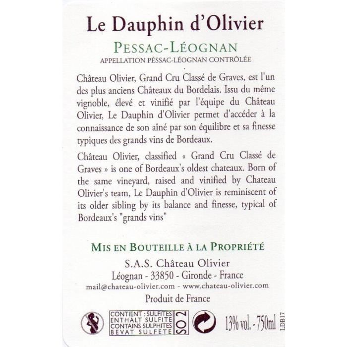 Dauphin d'Olivier 2017 Pessac-LÈognan - Vin rouge de Bordeaux