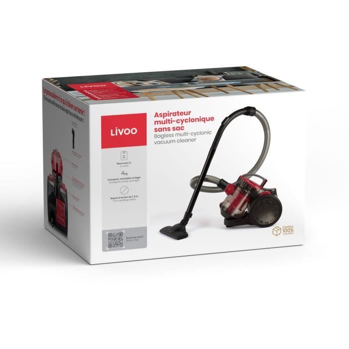 Aspirateur Multi-cyclonique sans sac - LIVOO DOH105R - 700 W - 2 L - 78 dB - Filtre lavable - Embout 2 en 1 - Rouge / Noir