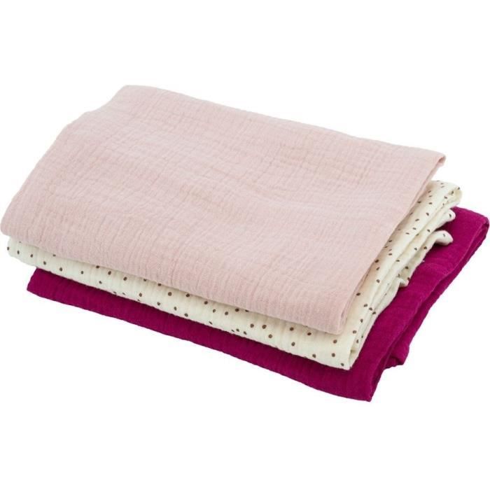 Set of 3 Bamboo swaddles - DOMIVA - 1 Printed + 2 Plain - Grenadine pink - 60x60 cm