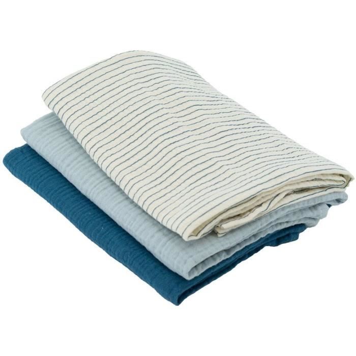 Lot de 3 langes Bambou - DOMIVA - 1 Imprimé + 2 Uni - Bleu indigo - 60x60 cm