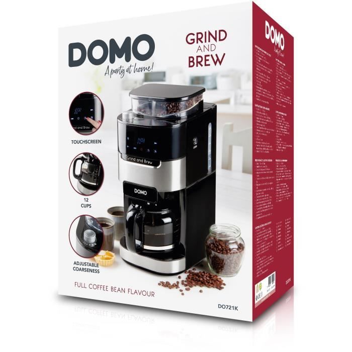 Cafetiere filtre avec moulin intégré - DOMO - DO721K - 900 W - 1,5 L - 12 tasses - 200 g de grains - Ecran LCD - 3 intensités -
